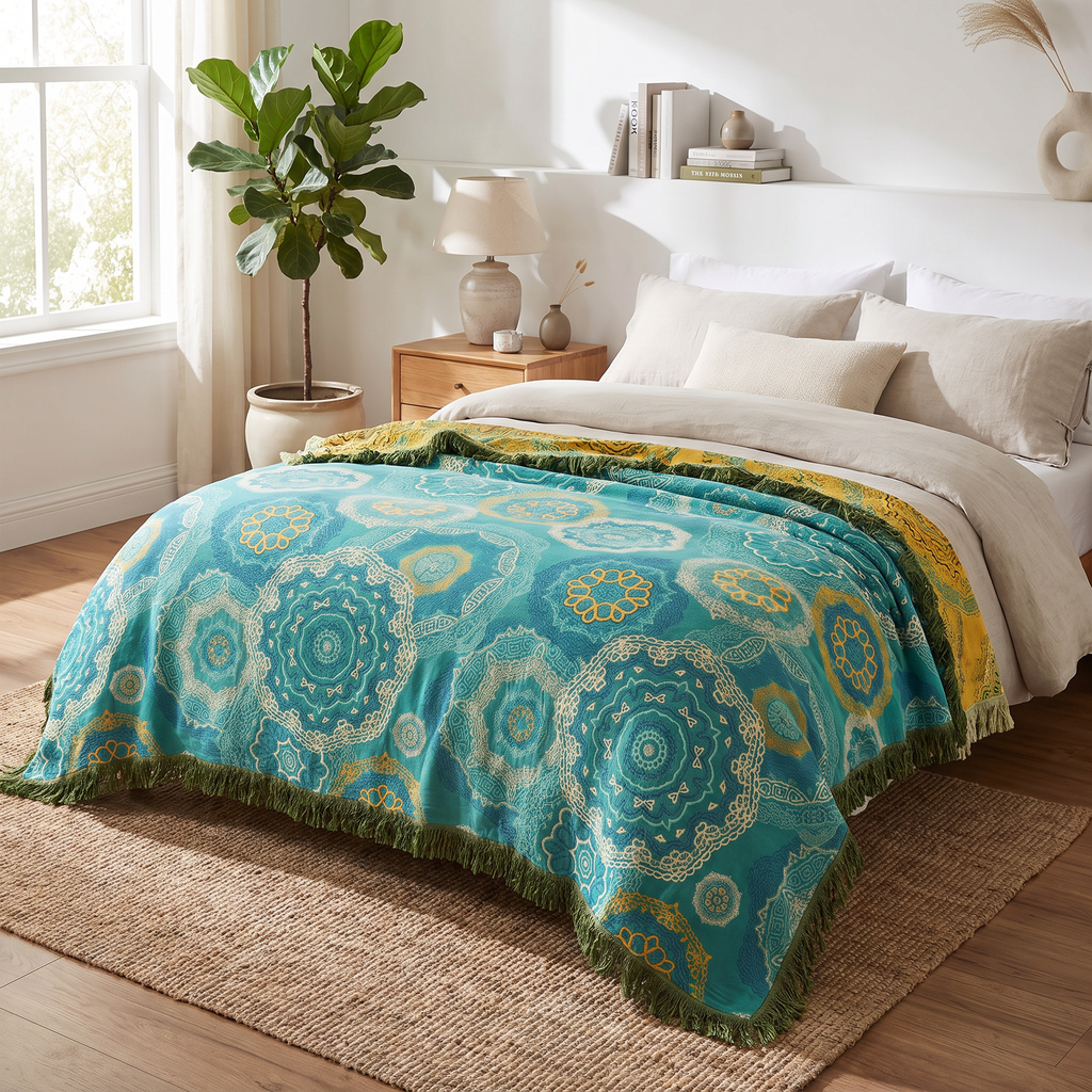 Turquoise Mandala Lightweight Four-Season Cotton Blanket - lifestyle