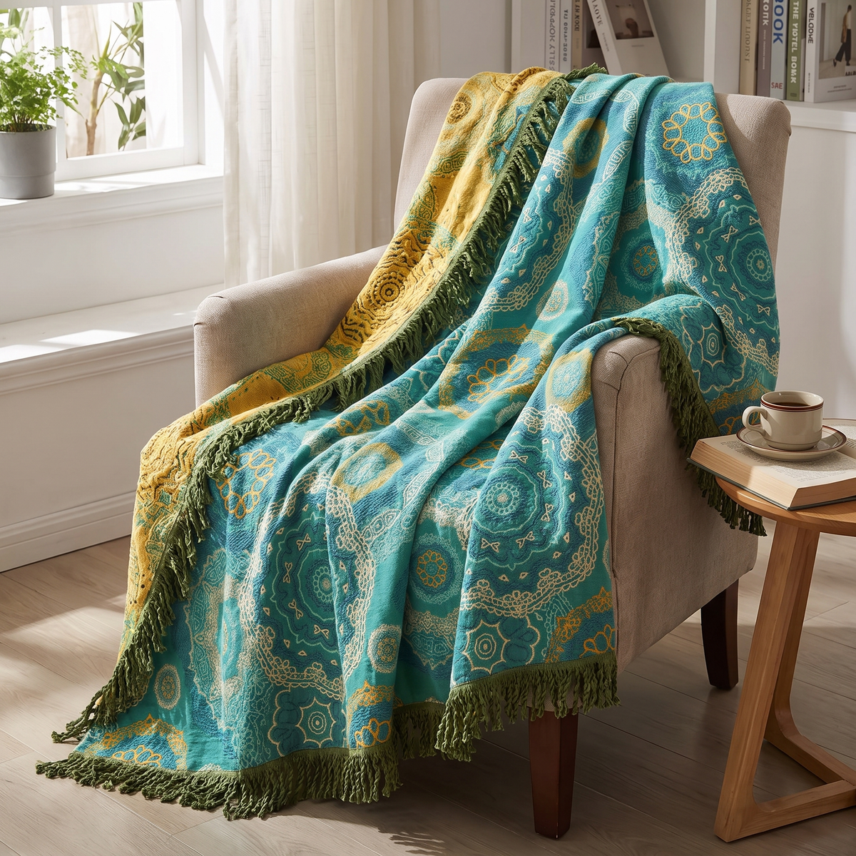 Turquoise Mandala Lightweight Four-Season Cotton Blanket - lifestyle