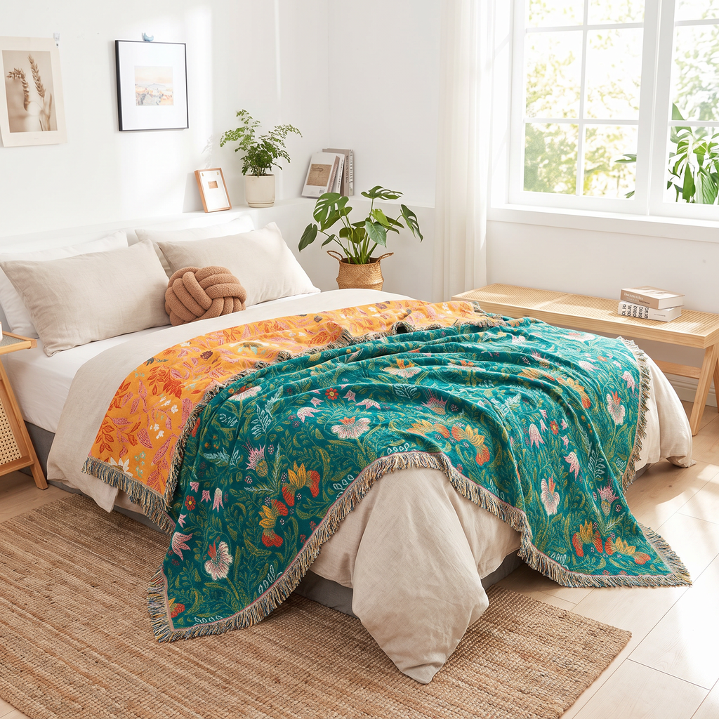 Emerald & Marigold Reversible Botanical Bird Blanket - lifestyle