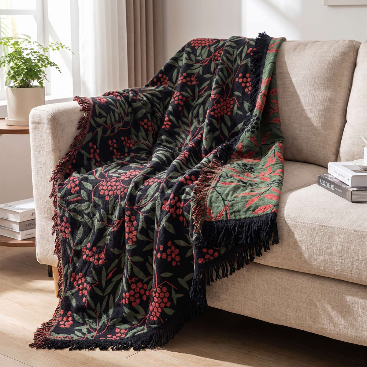 Berry & Leaf Reversible Jacquard Cotton Blanket - lifestyle