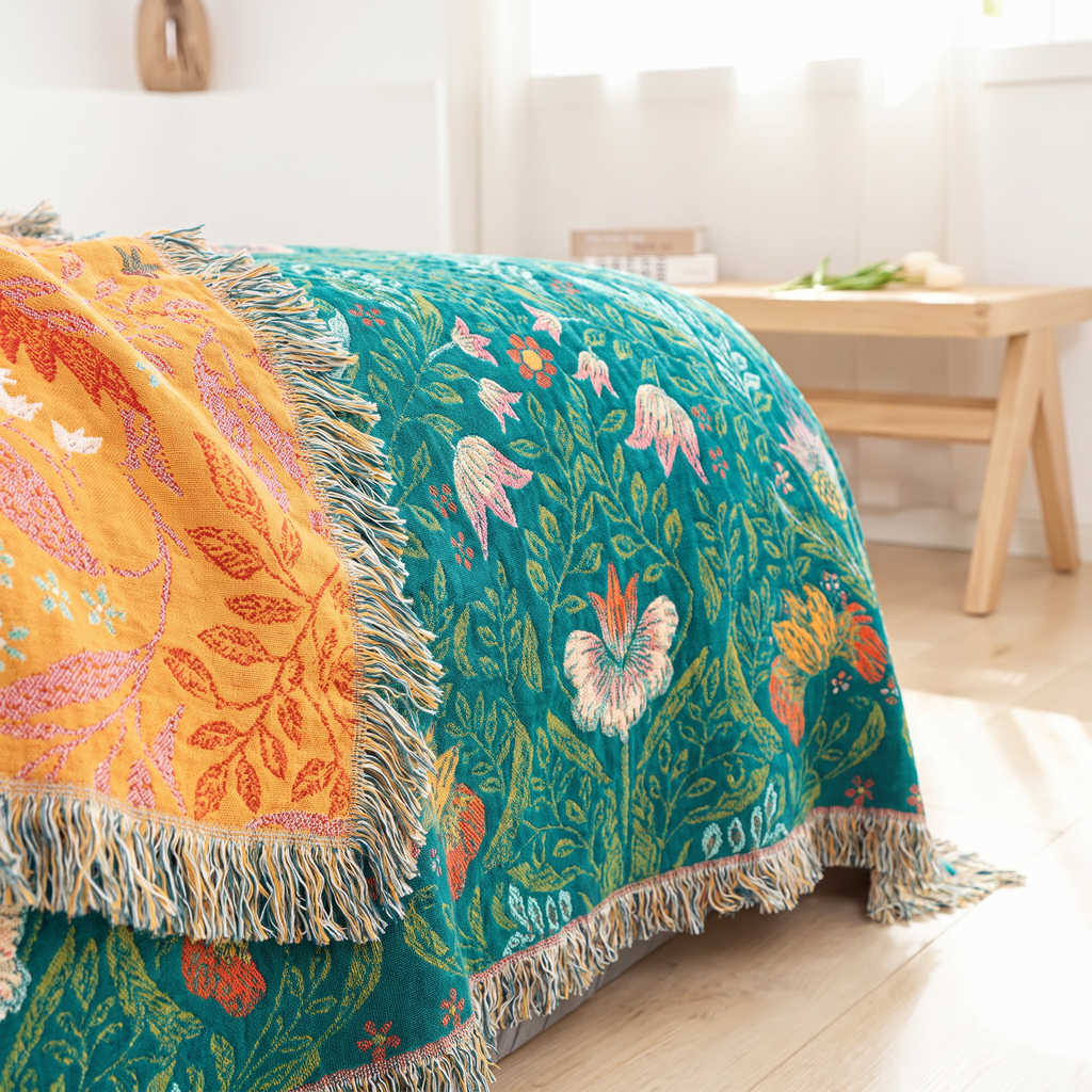 Emerald & Marigold Reversible Botanical Bird Blanket - lifestyle