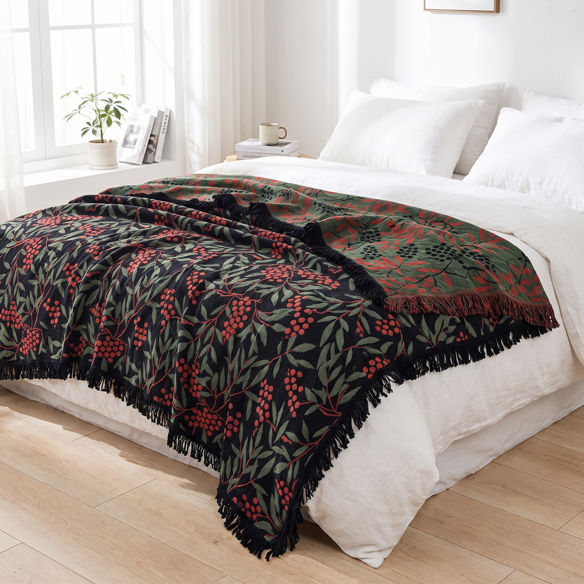 Berry & Leaf Reversible Jacquard Cotton Blanket - lifestyle