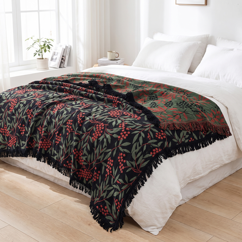Berry & Leaf Reversible Jacquard Cotton Blanket - lifestyle