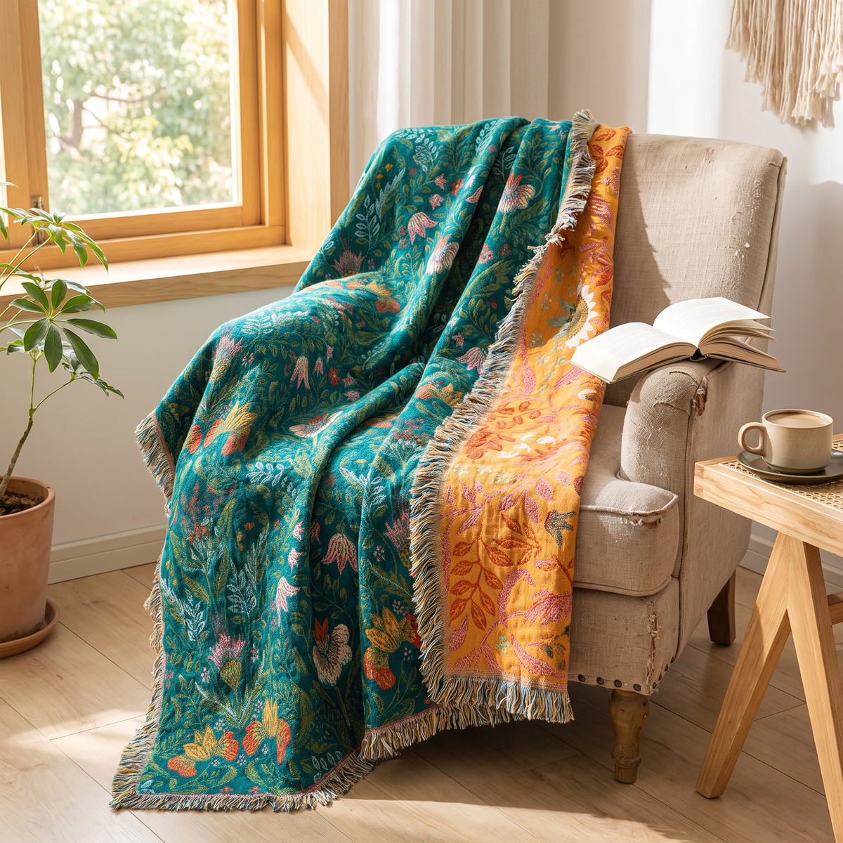 Emerald & Marigold Reversible Botanical Bird Blanket - lifestyle