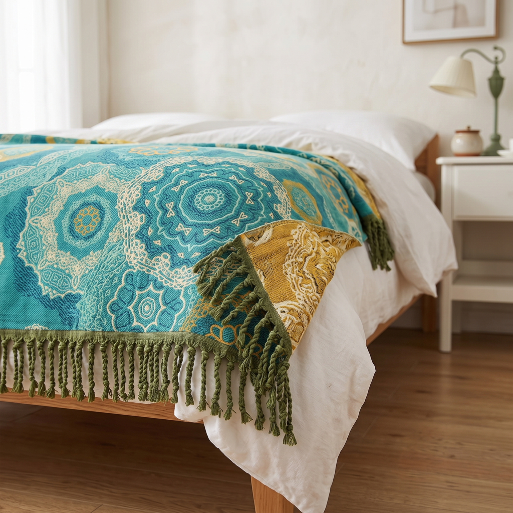 Turquoise Mandala Lightweight Four-Season Cotton Blanket - lifestyle