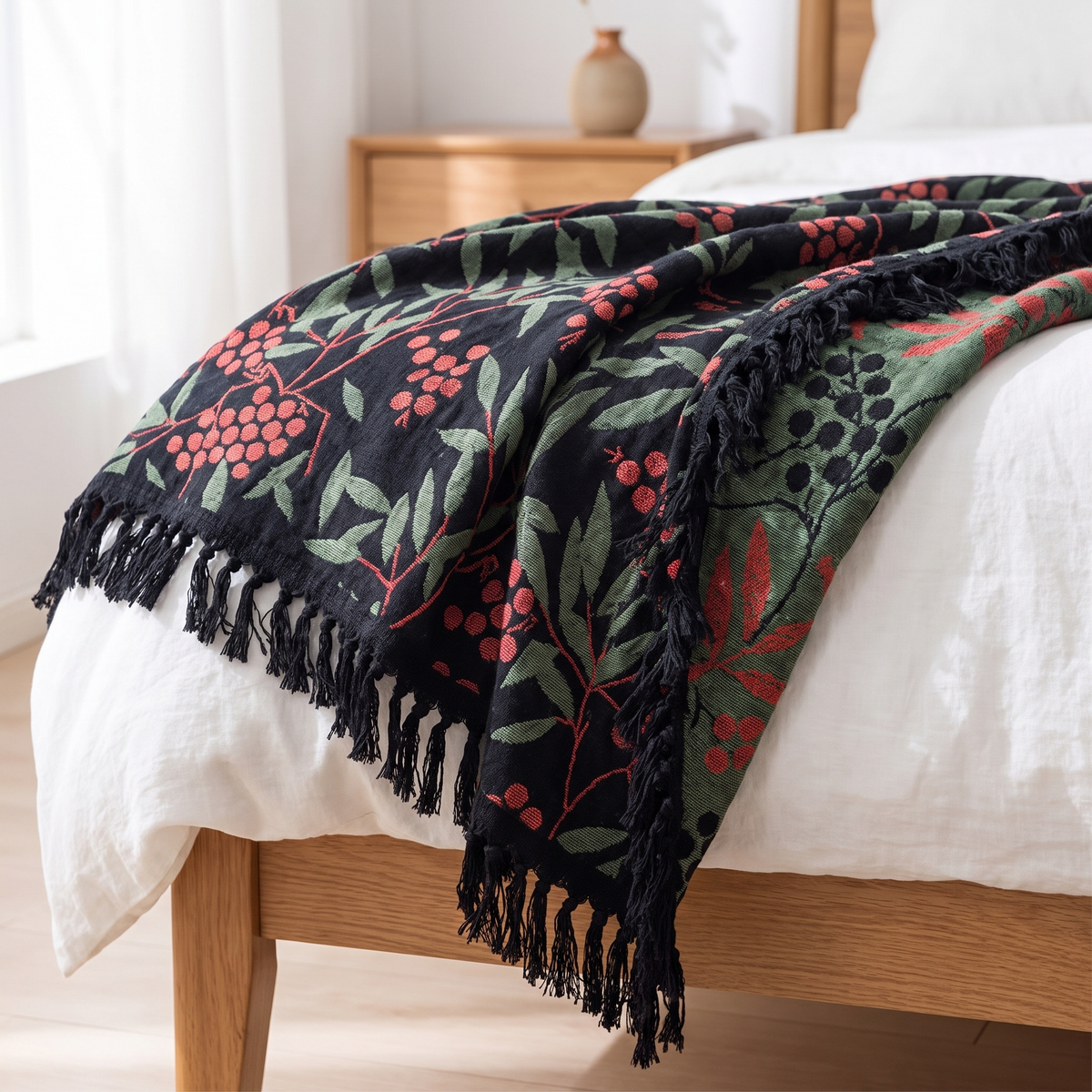 Berry & Leaf Reversible Jacquard Cotton Blanket - lifestyle