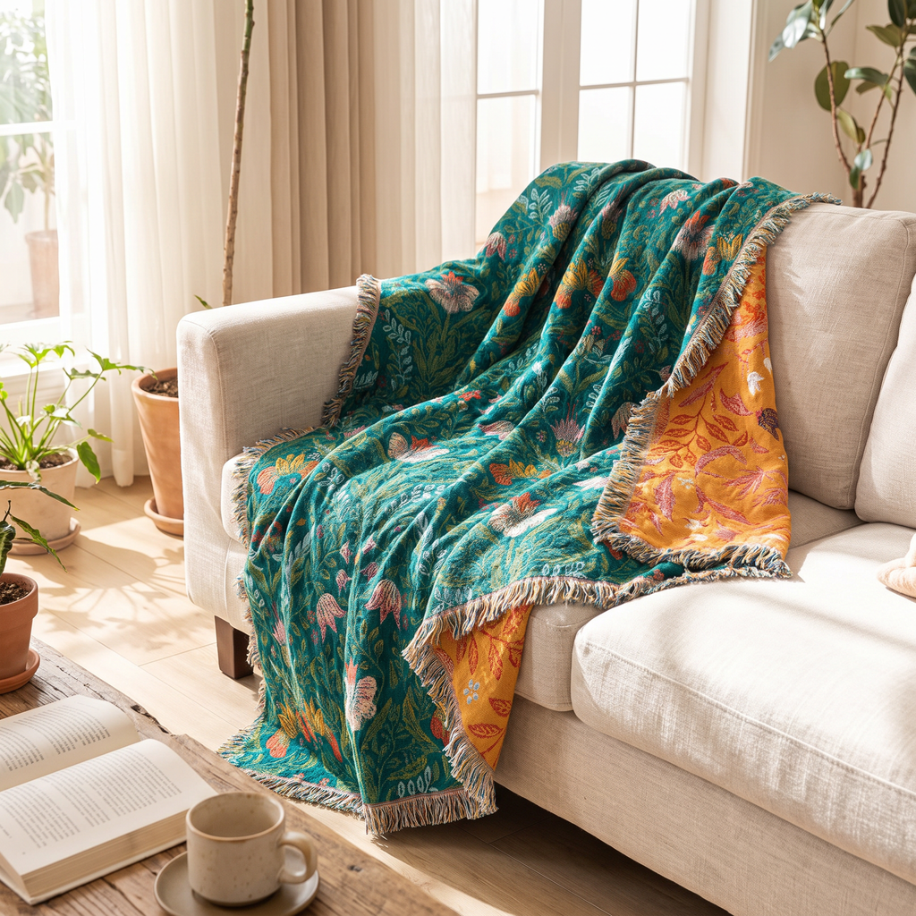 Emerald & Marigold Reversible Botanical Bird Blanket - lifestyle