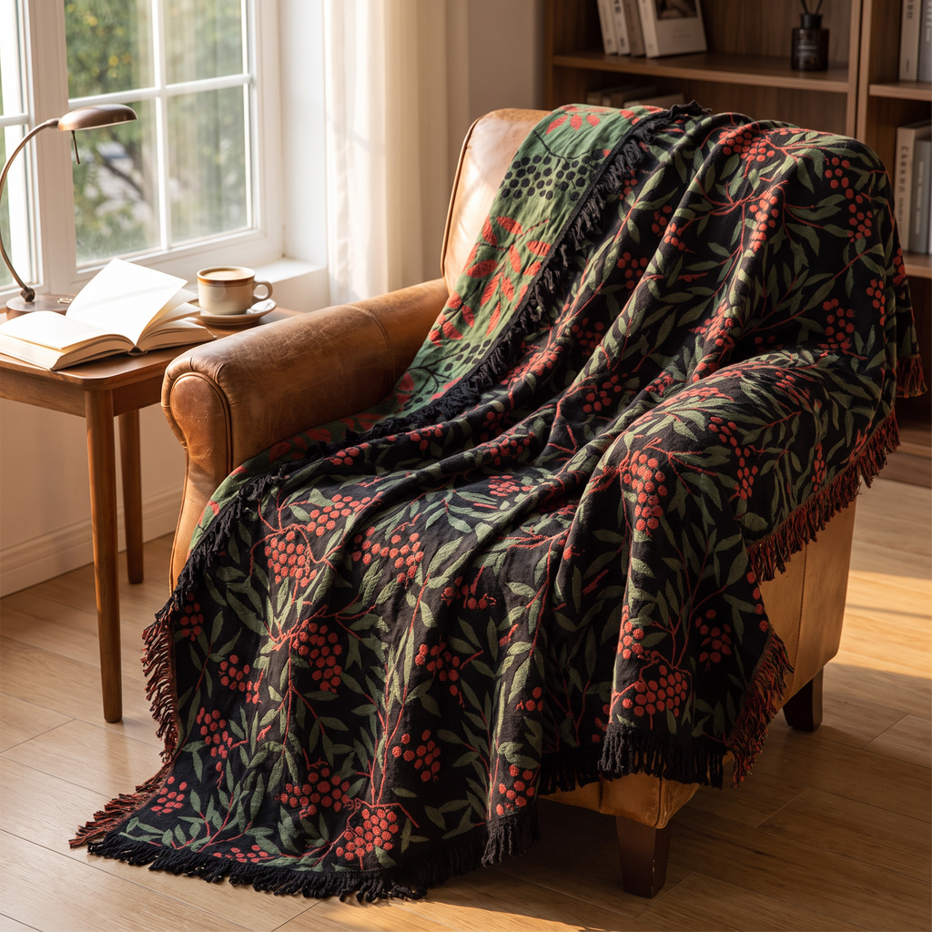 Berry & Leaf Reversible Jacquard Cotton Blanket - lifestyle