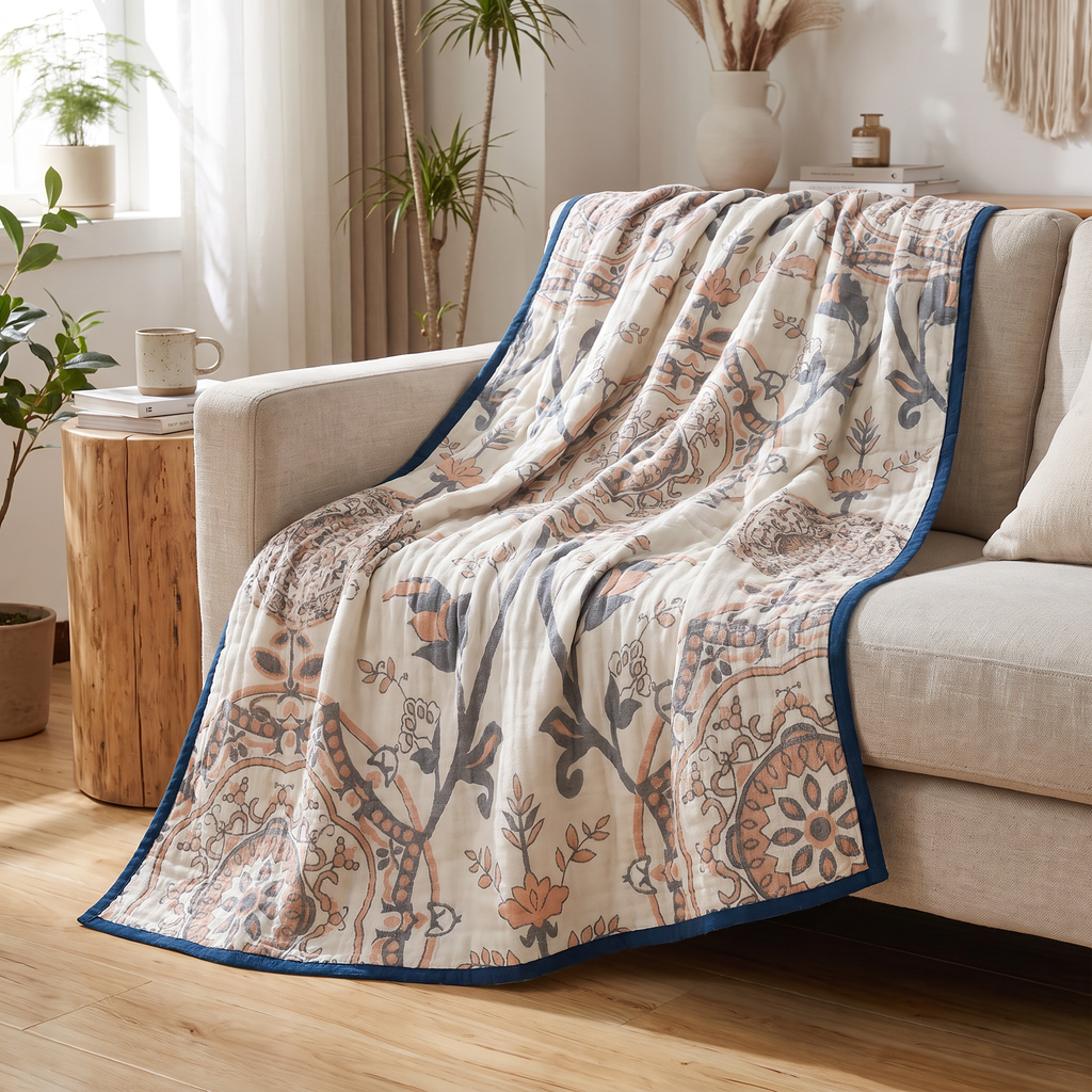 Scrolling Leaf Damask Four-Layer Cotton Blanket - lifestyle