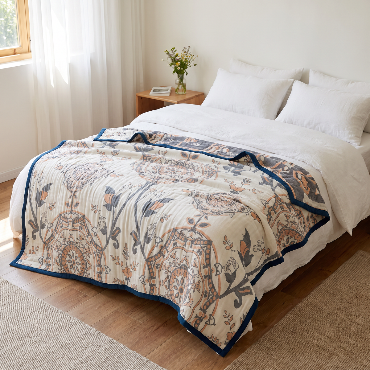 Scrolling Leaf Damask Four-Layer Cotton Blanket - lifestyle