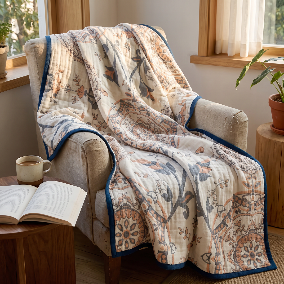 Scrolling Leaf Damask Four-Layer Cotton Blanket - lifestyle