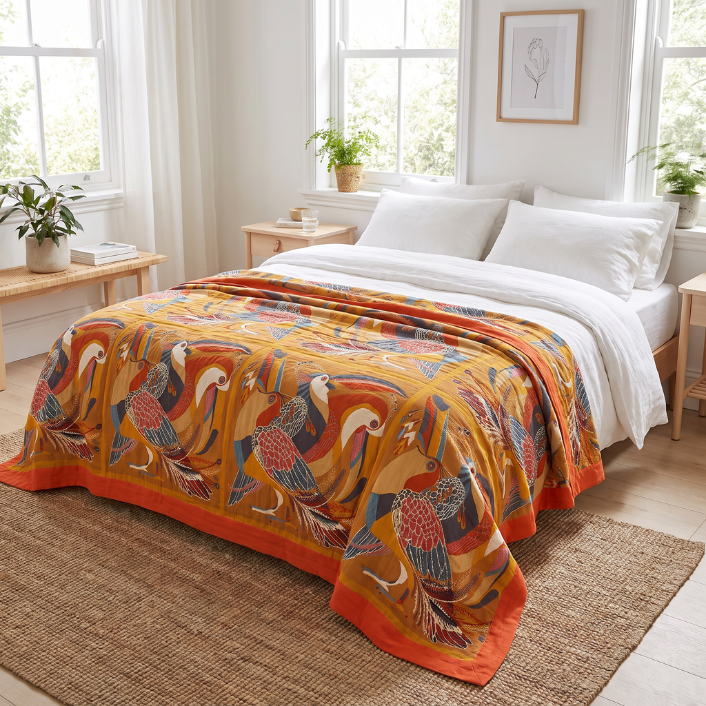 Toucan & Tropical Leaf Reversible Gauze Throw - lifestyle