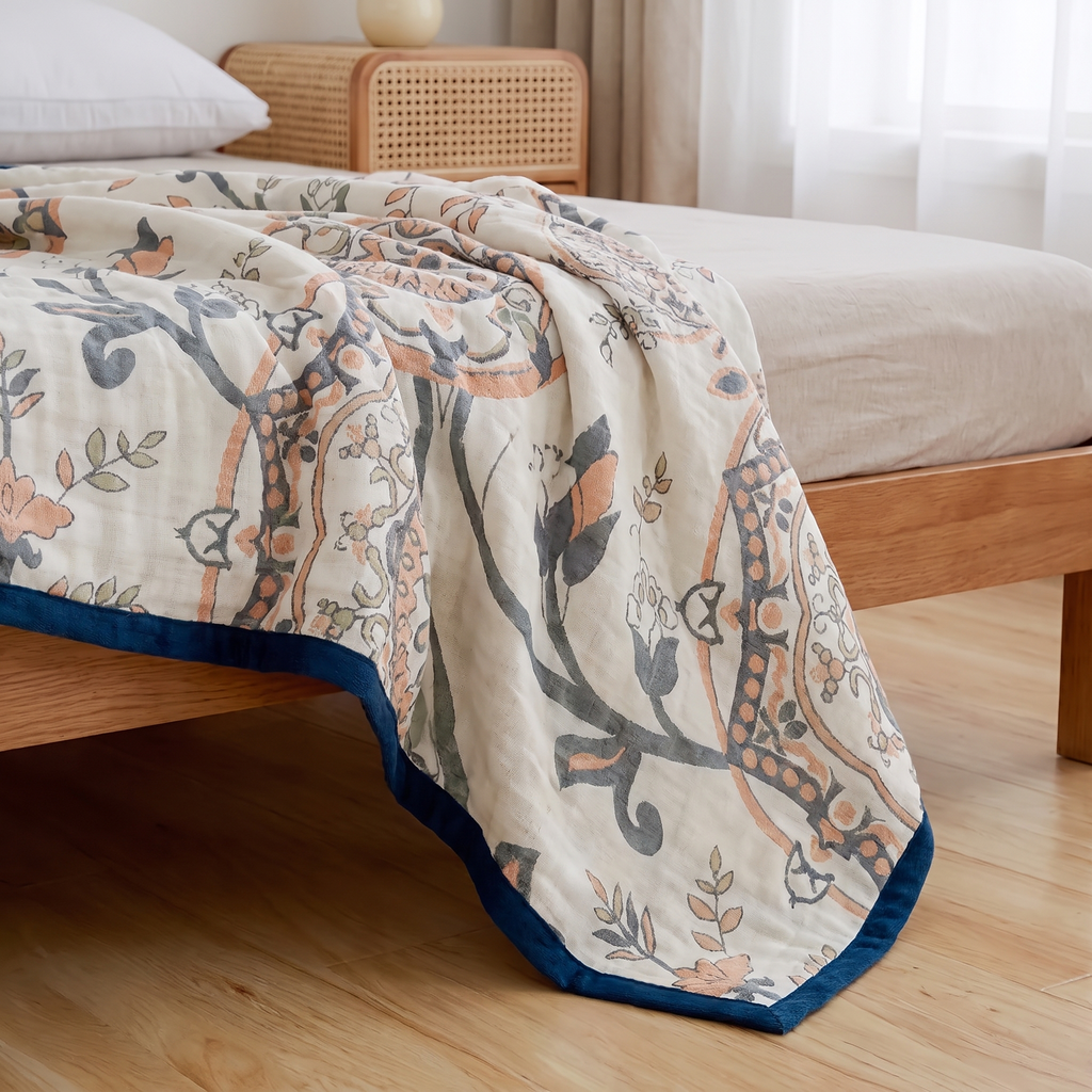 Scrolling Leaf Damask Four-Layer Cotton Blanket - lifestyle