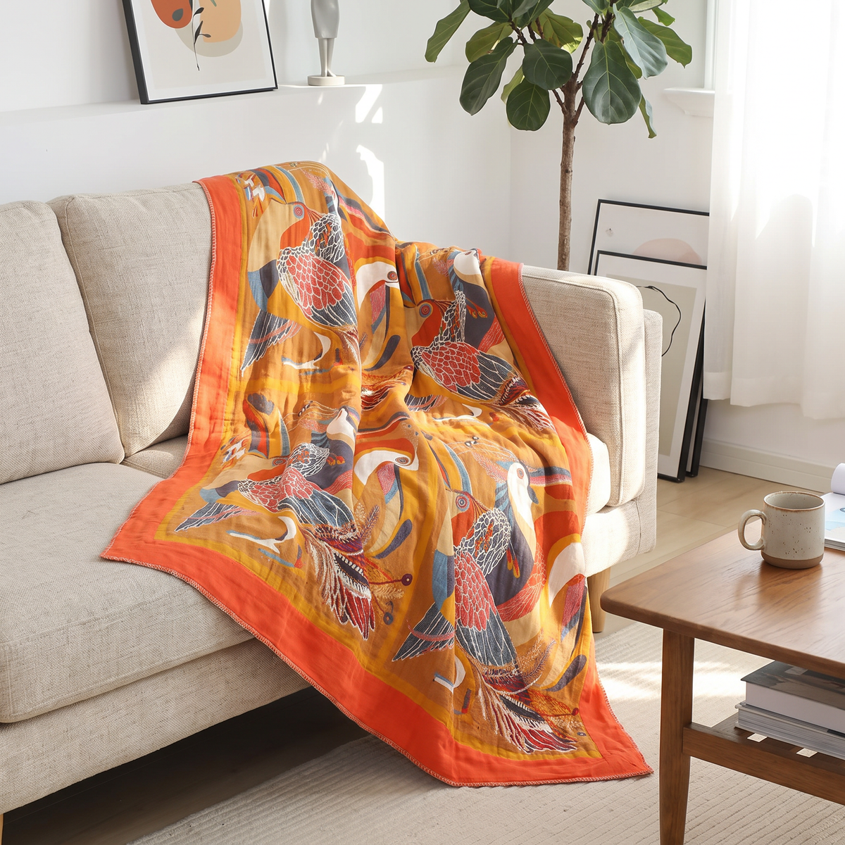 Toucan & Tropical Leaf Reversible Gauze Throw - lifestyle
