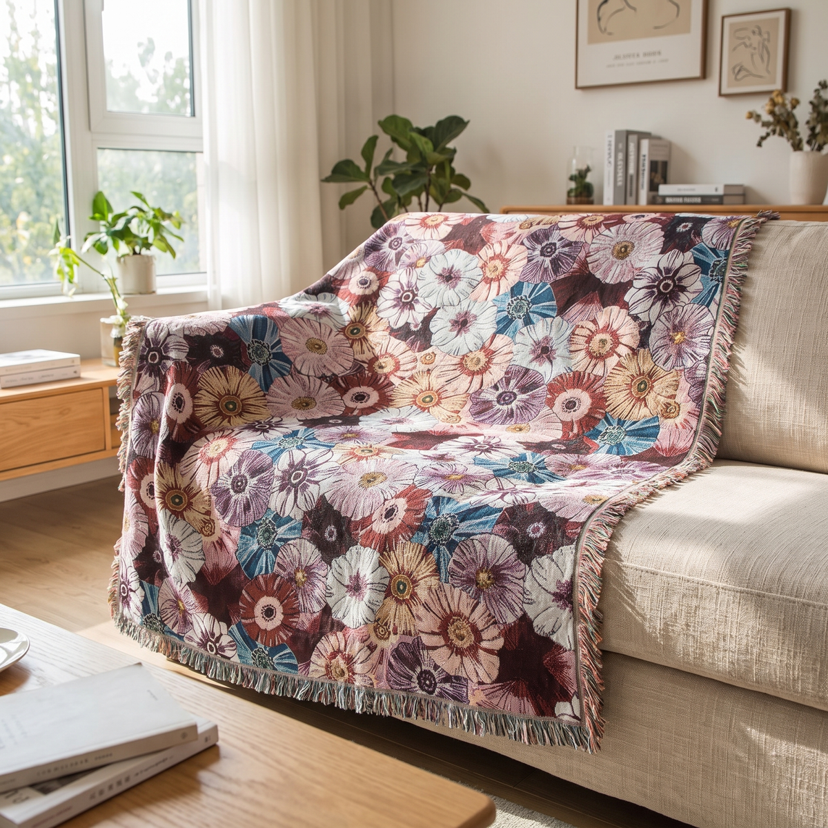 Morning Glory Tapestry Woven Throw with Tassels - lifestyle
