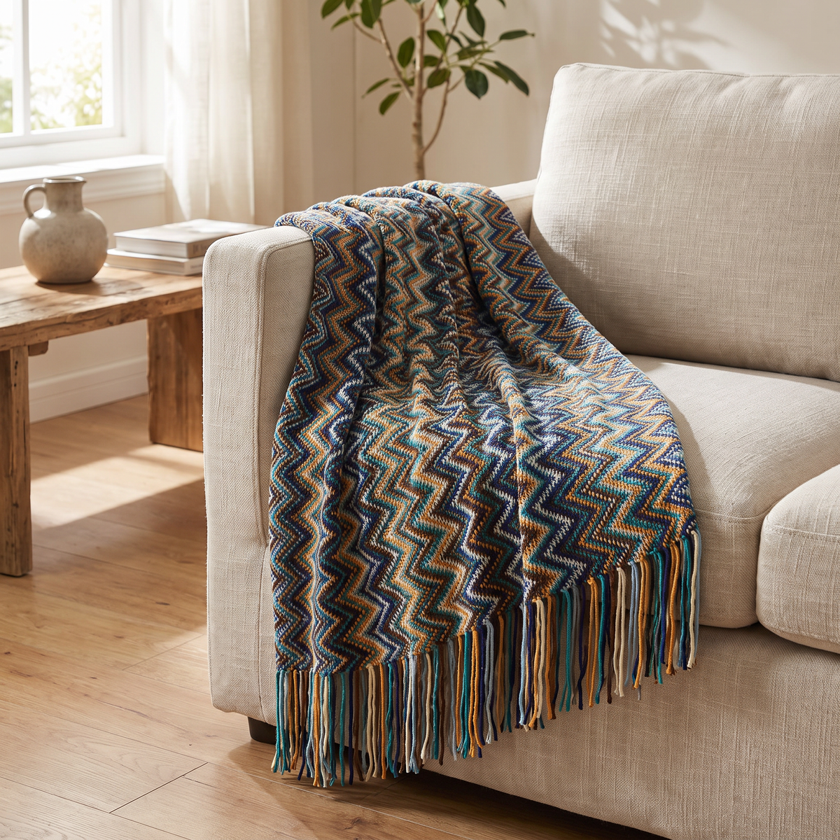 Chevron Zigzag Knit Throw with Long Tassels - lifestyle