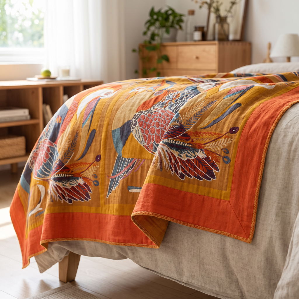 Toucan & Tropical Leaf Reversible Gauze Throw - lifestyle