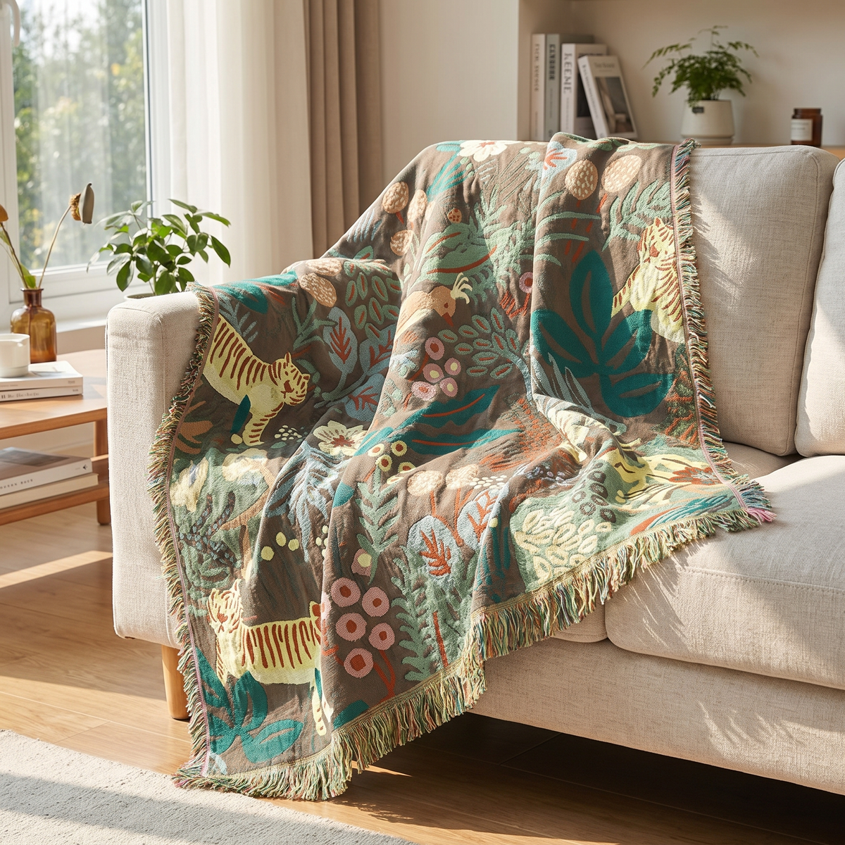 Tiger & Jungle Foliage Reversible Gauze Blanket - lifestyle
