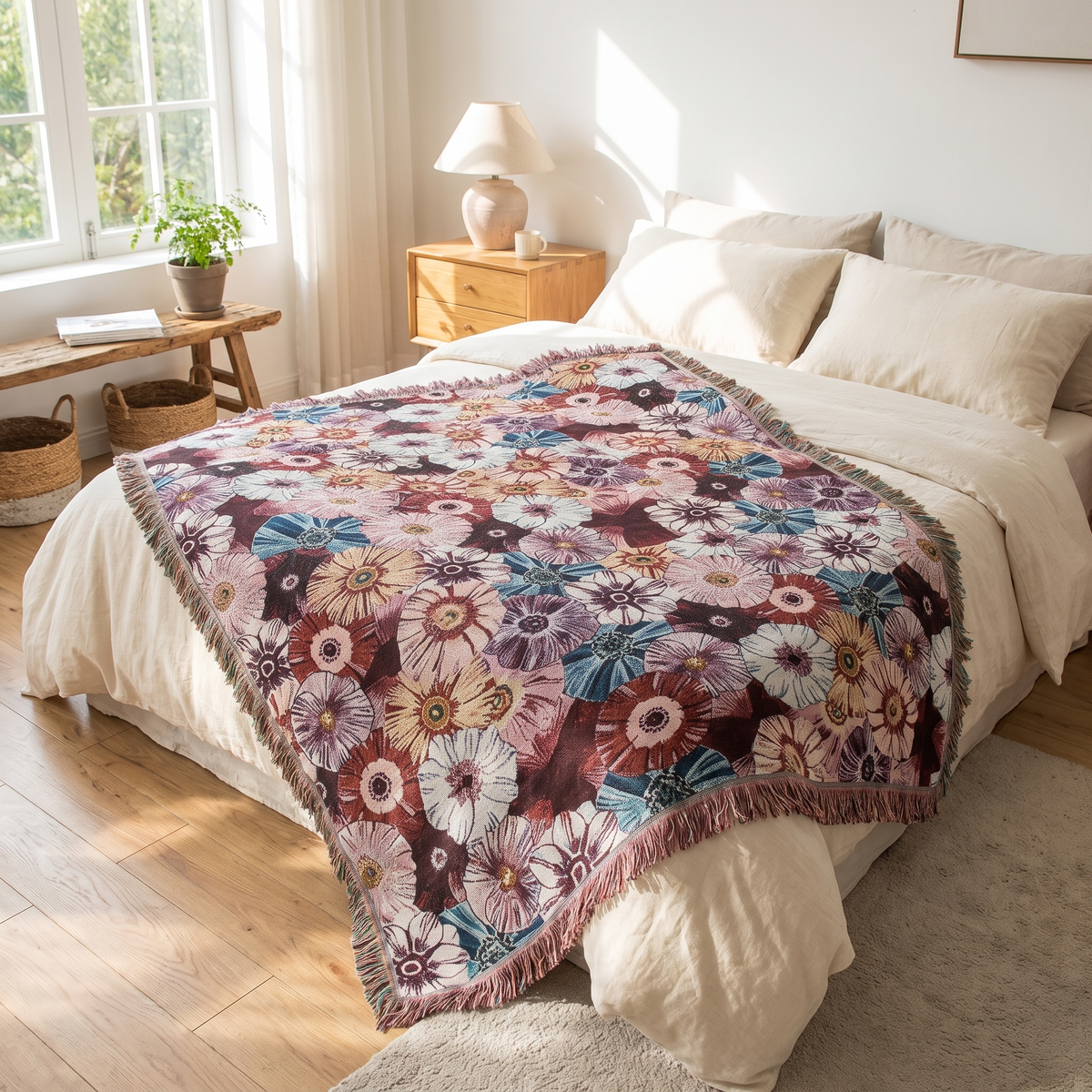 Morning Glory Tapestry Woven Throw with Tassels - lifestyle
