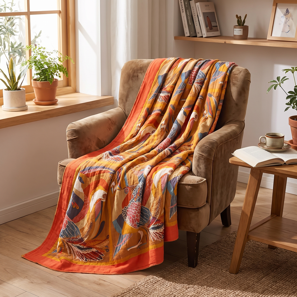 Toucan & Tropical Leaf Reversible Gauze Throw - lifestyle