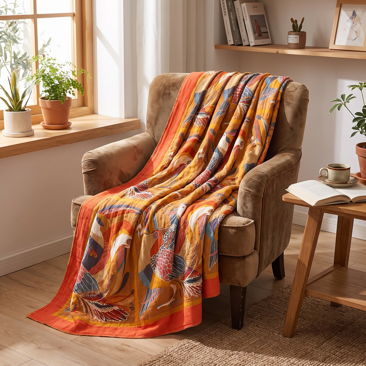 Toucan & Tropical Leaf Reversible Gauze Throw - lifestyle