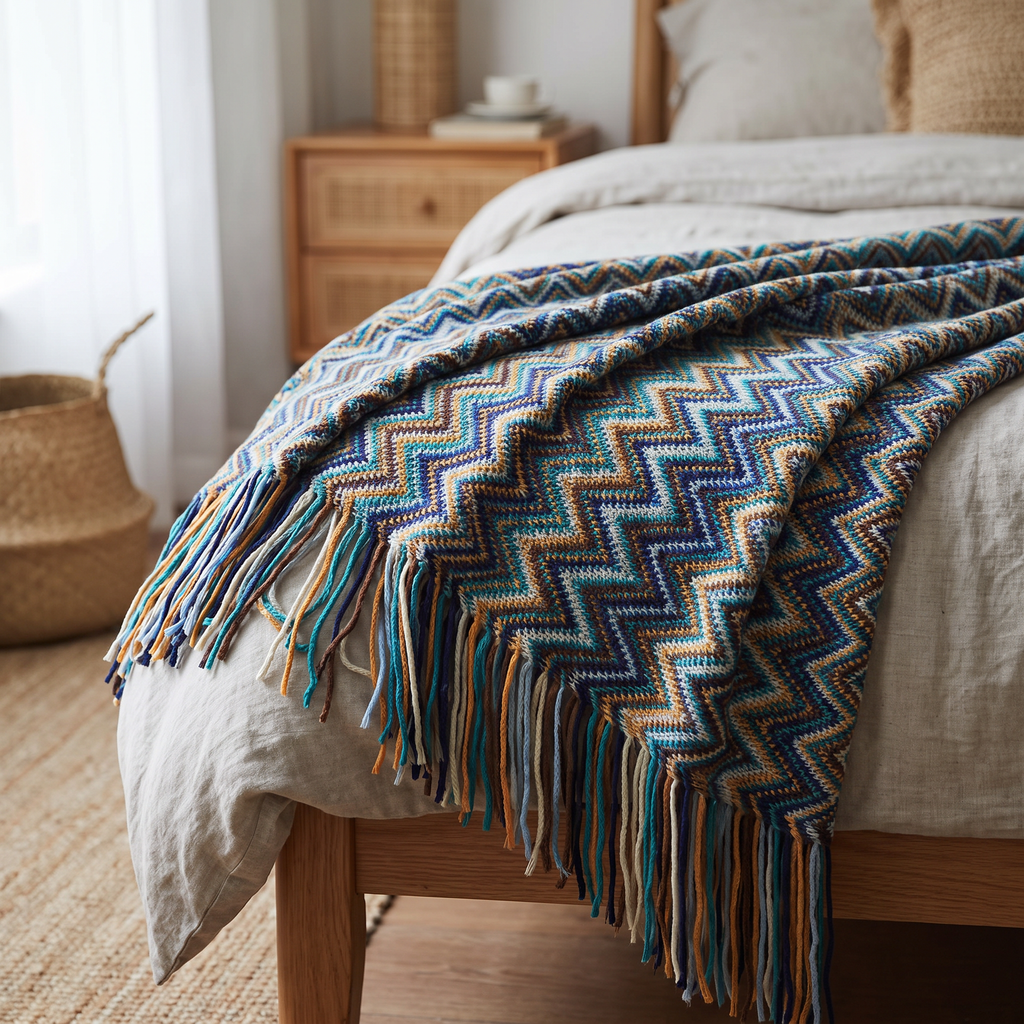 Chevron Zigzag Knit Throw with Long Tassels - lifestyle