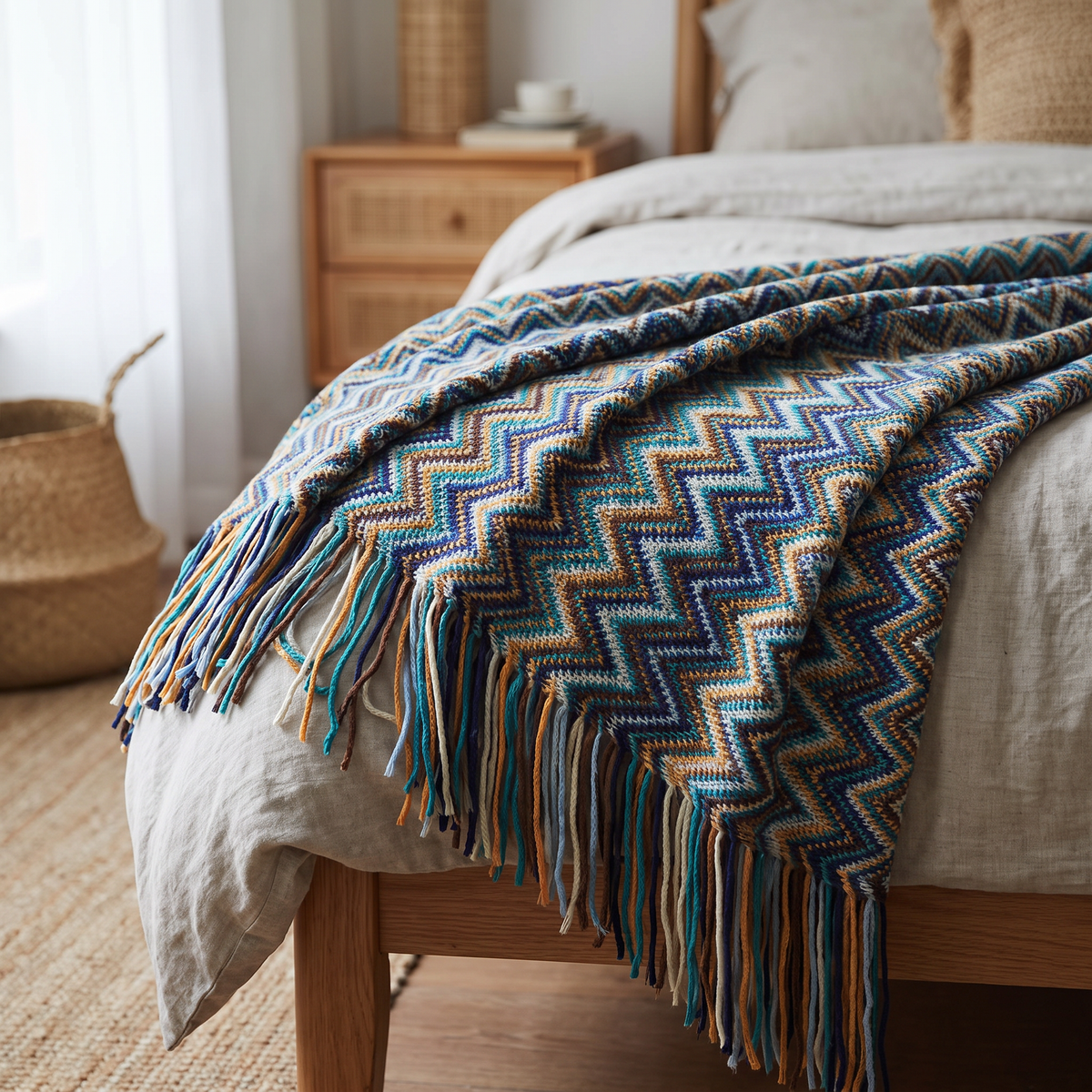 Chevron Zigzag Knit Throw with Long Tassels - lifestyle