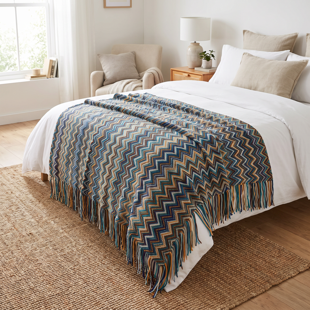Chevron Zigzag Knit Throw with Long Tassels - lifestyle