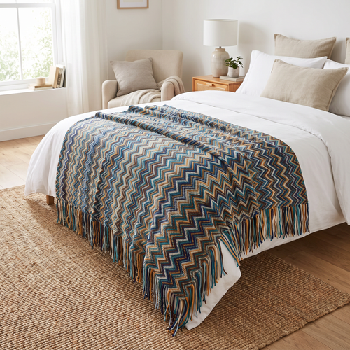 Chevron Zigzag Knit Throw with Long Tassels - lifestyle