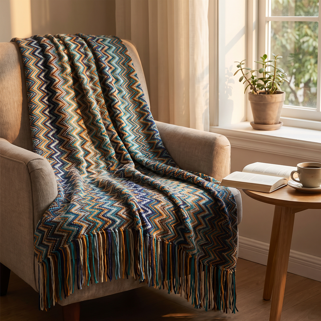 Chevron Zigzag Knit Throw with Long Tassels - lifestyle