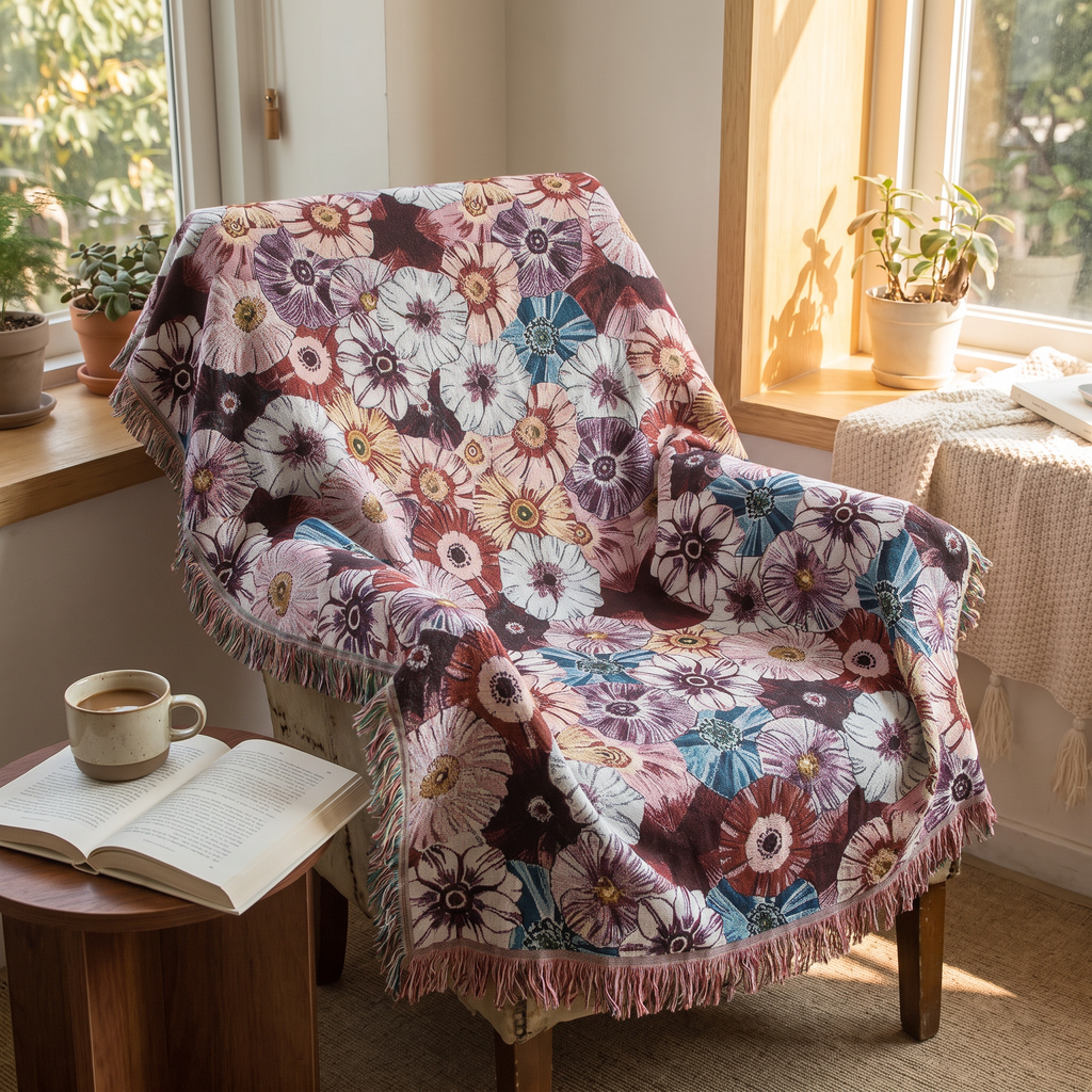 Morning Glory Tapestry Woven Throw with Tassels - lifestyle