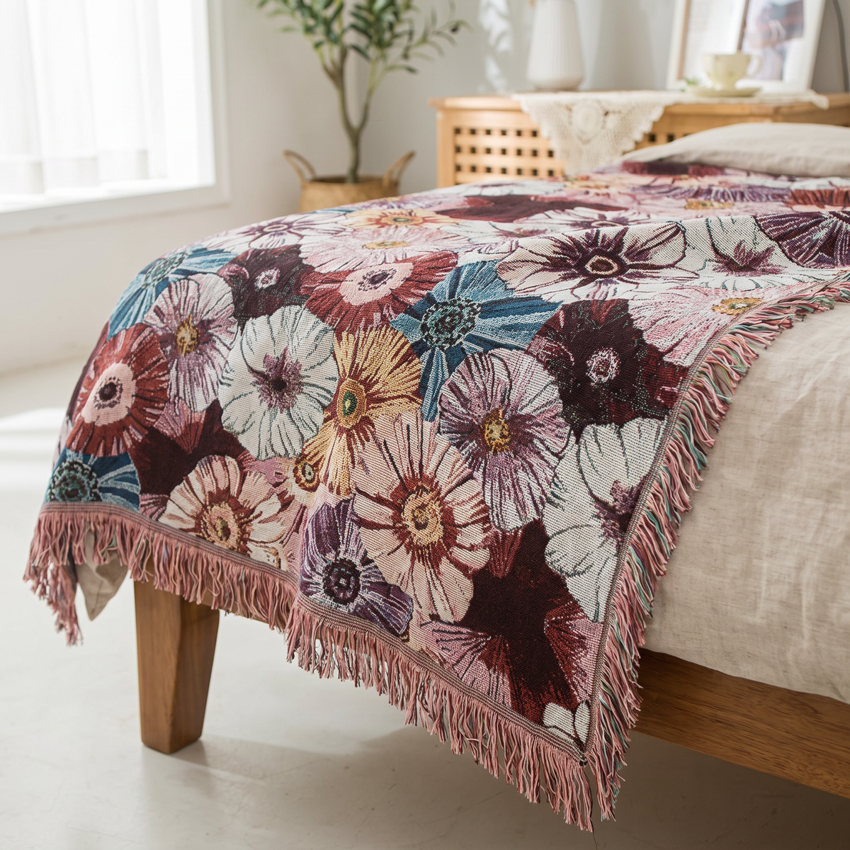 Morning Glory Tapestry Woven Throw with Tassels - lifestyle