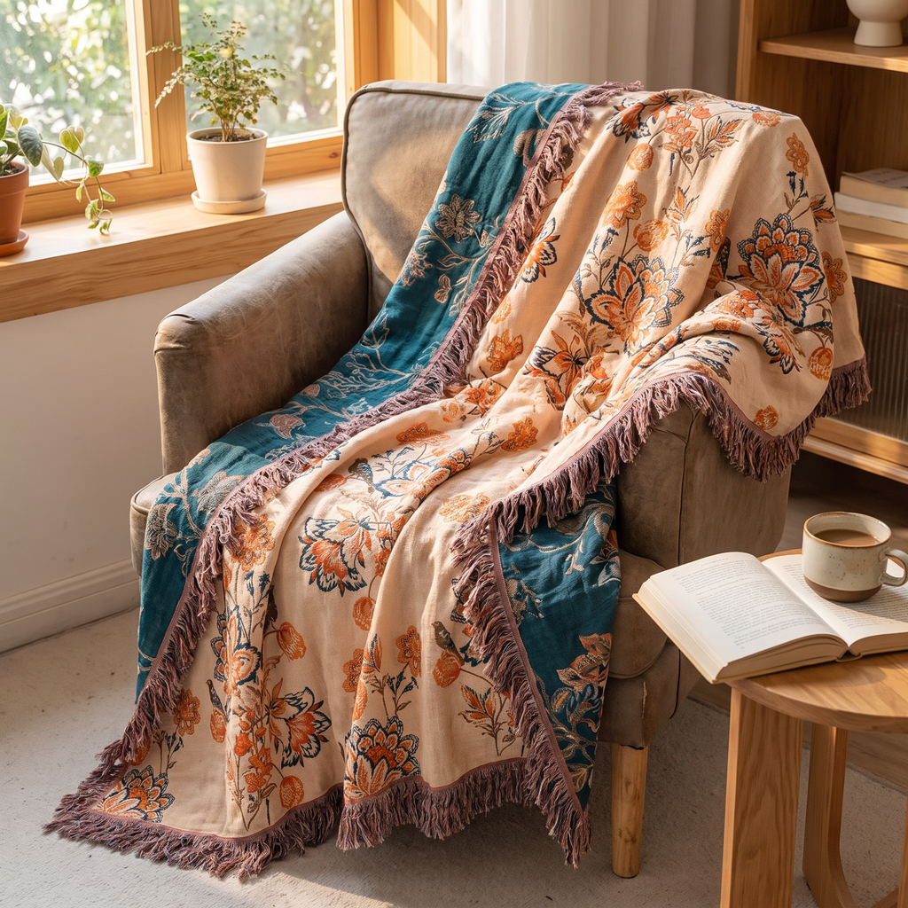 Coral Peony & Teal Boho Cotton Throw - lifestyle