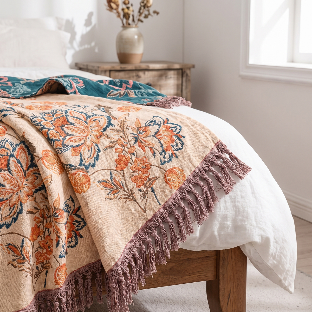 Coral Peony & Teal Boho Cotton Throw - lifestyle