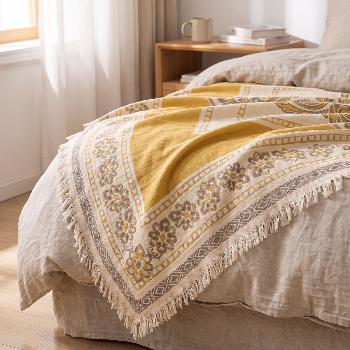 Framed Centre Boho Cotton Blanket with Fringe - lifestyle