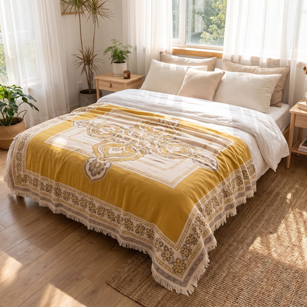 Framed Centre Boho Cotton Blanket with Fringe - lifestyle