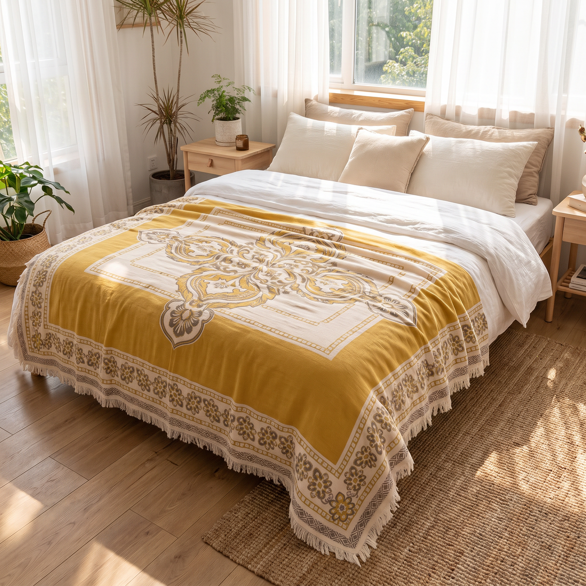 Framed Centre Boho Cotton Blanket with Fringe - lifestyle