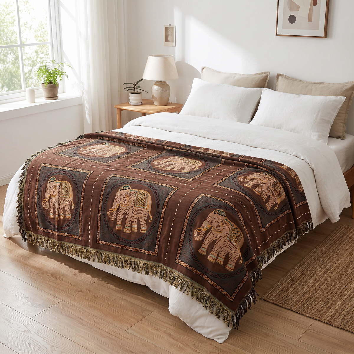 Ornamental Elephant Cotton Gauze Blanket with Tassels - lifestyle