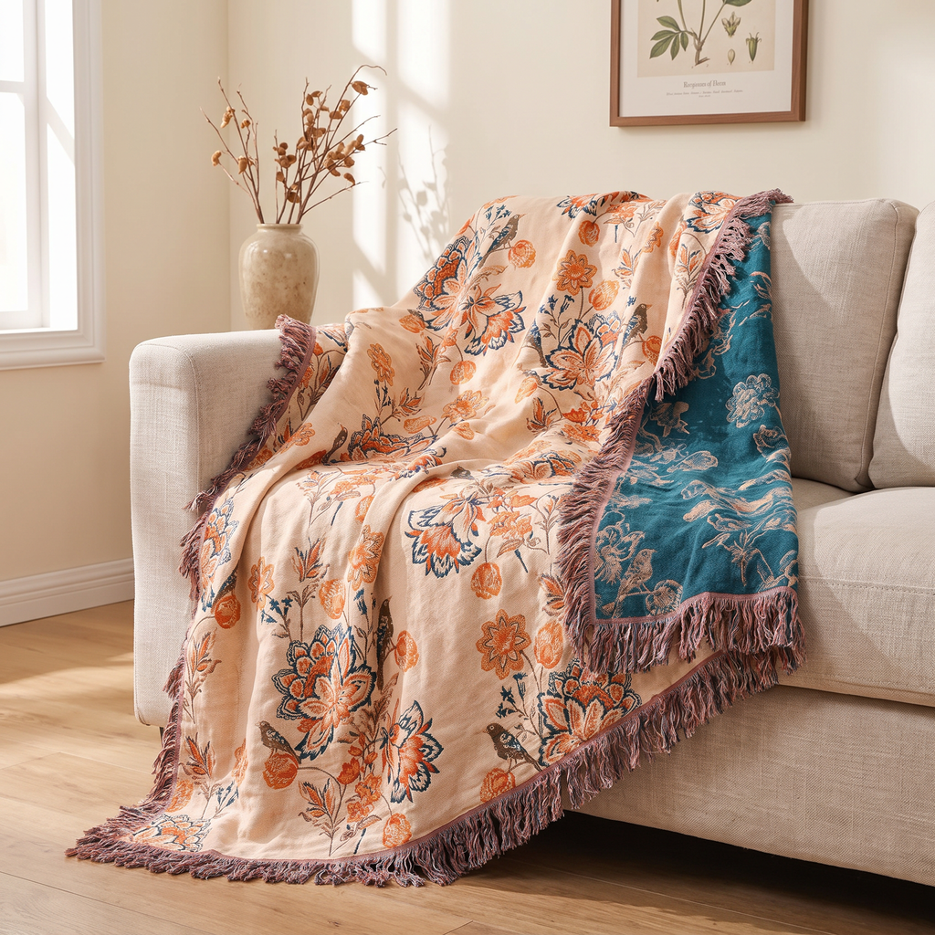 Coral Peony & Teal Boho Cotton Throw - lifestyle