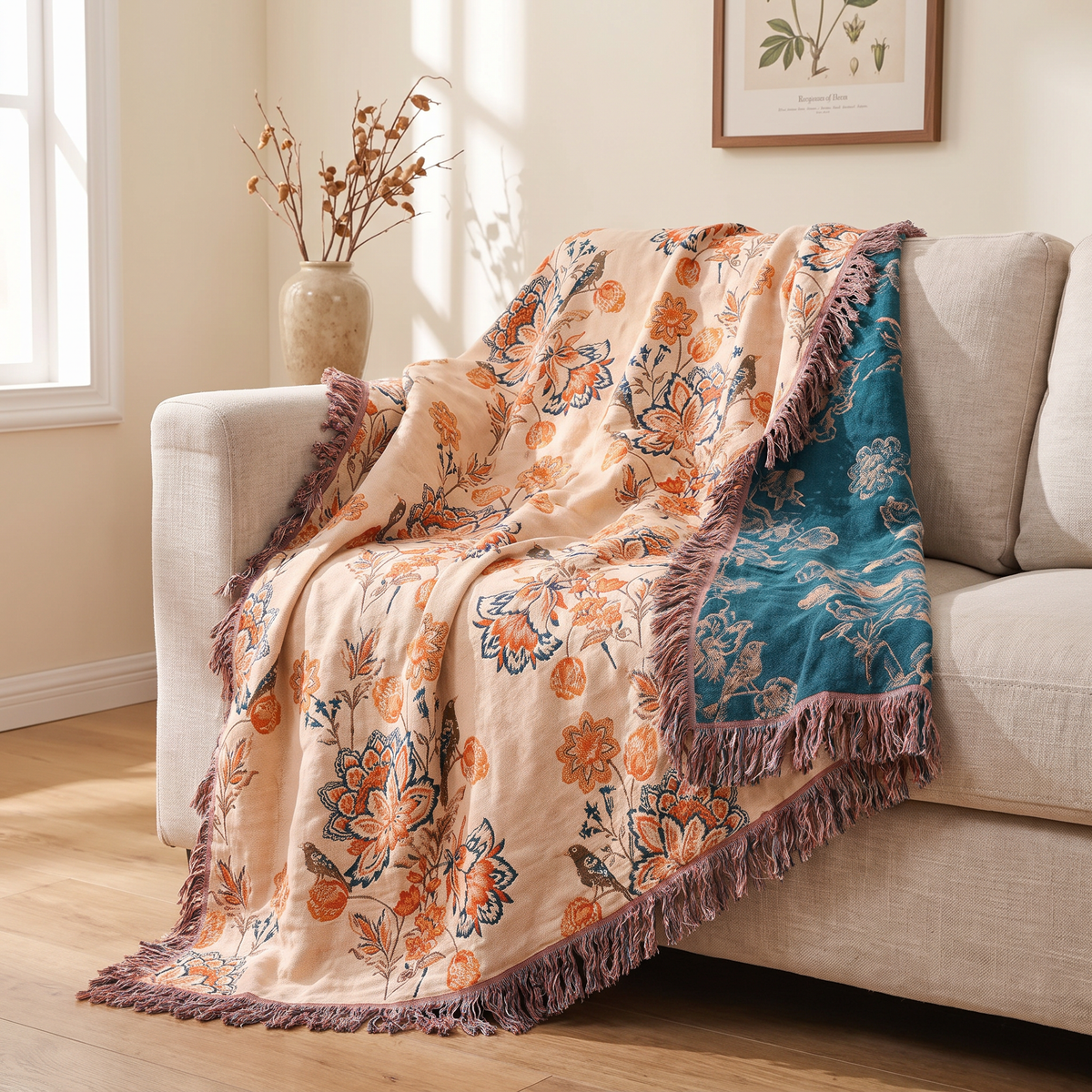 Coral Peony & Teal Boho Cotton Throw - lifestyle