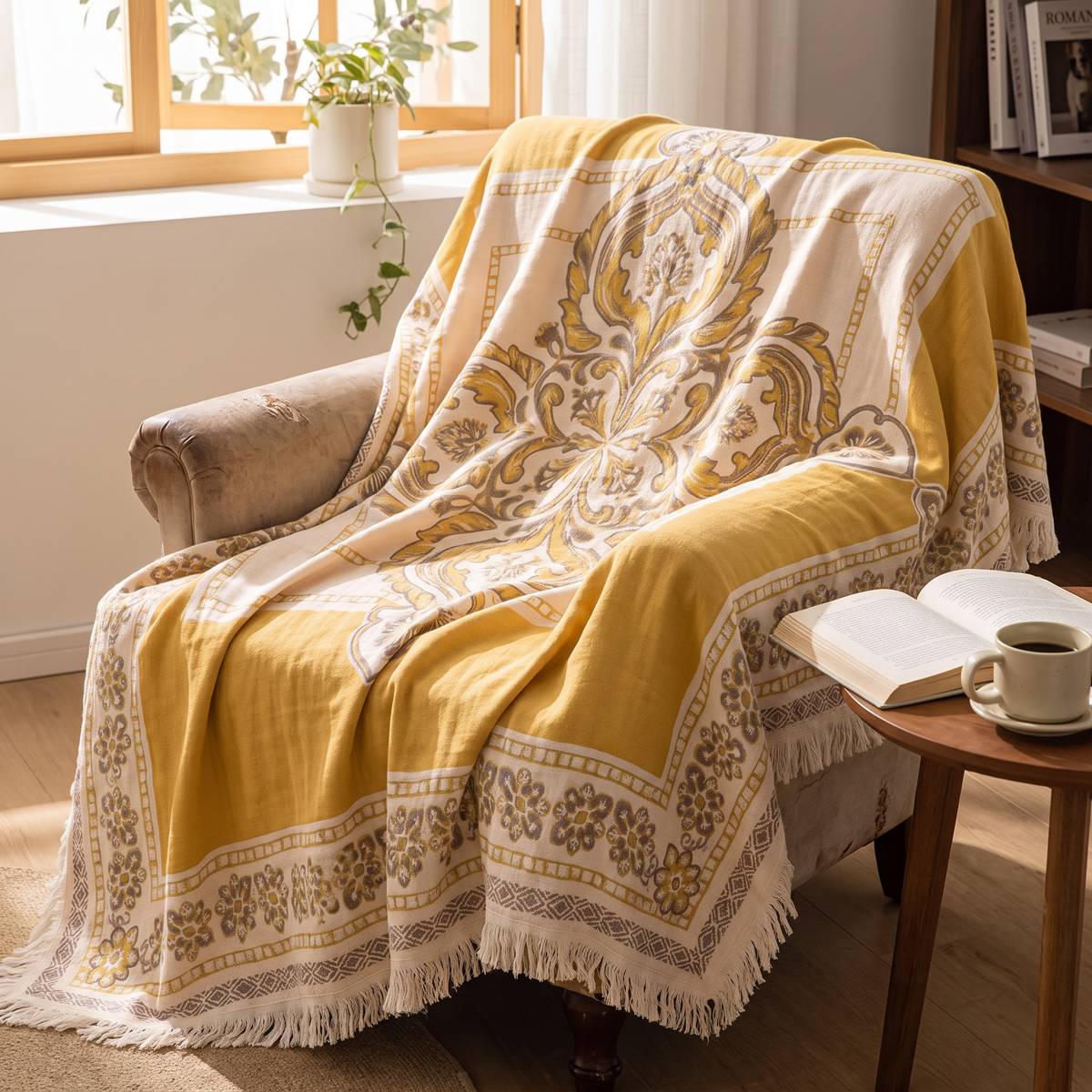 Framed Centre Boho Cotton Blanket with Fringe - lifestyle