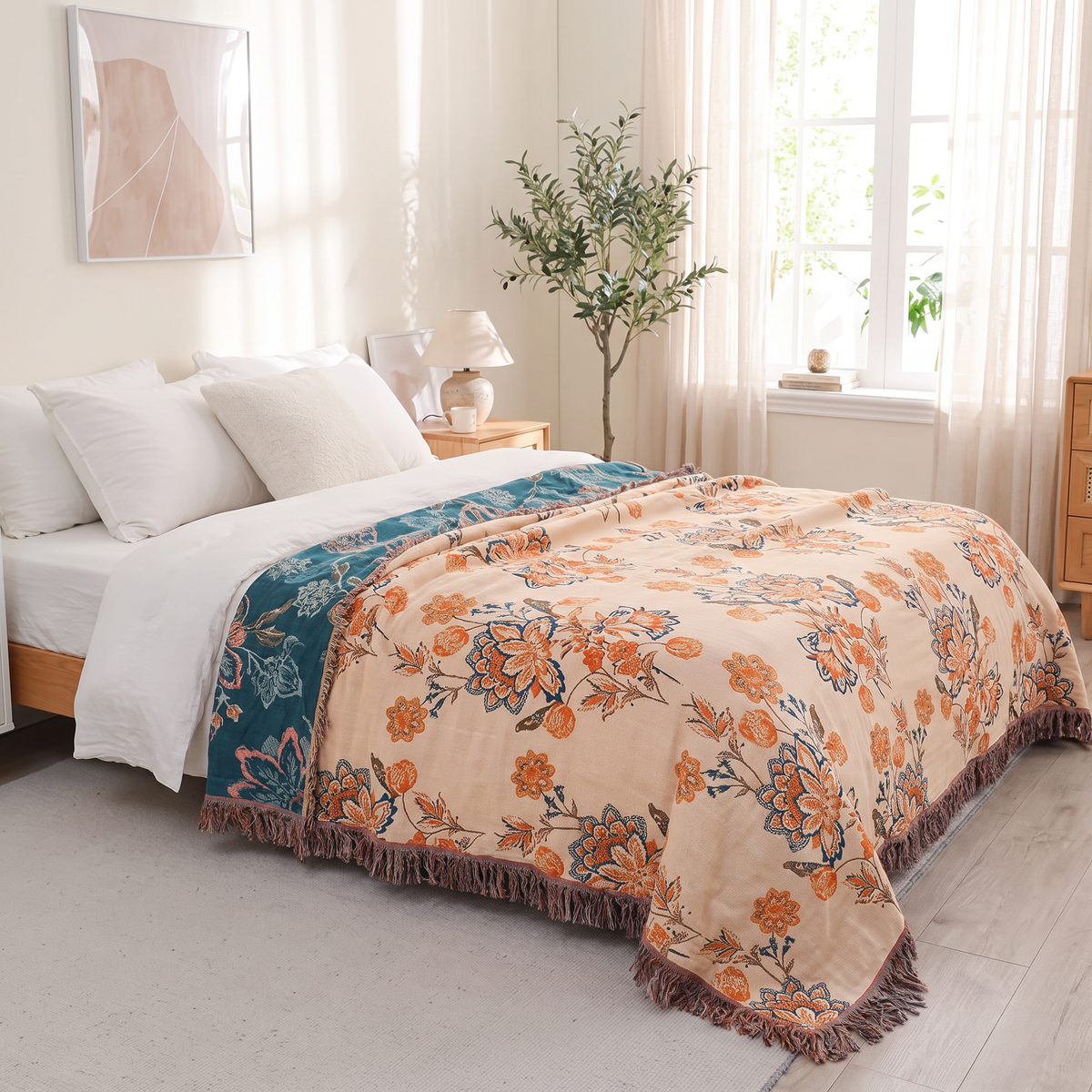 Coral Peony & Teal Boho Cotton Throw - lifestyle