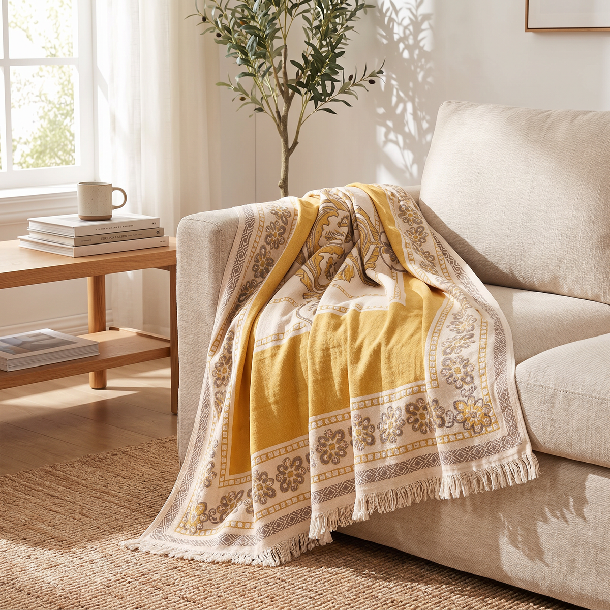 Framed Centre Boho Cotton Blanket with Fringe - lifestyle