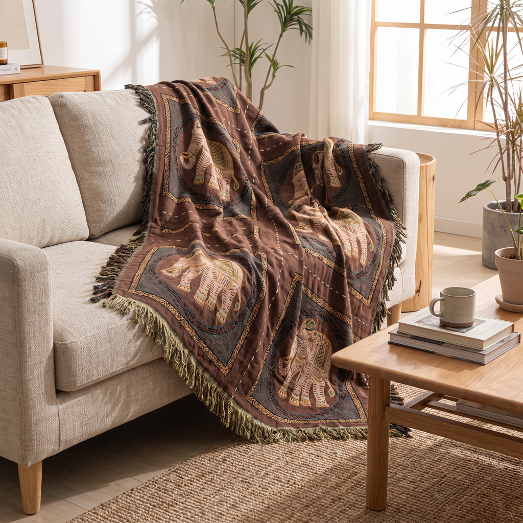 Ornamental Elephant Cotton Gauze Blanket with Tassels - lifestyle