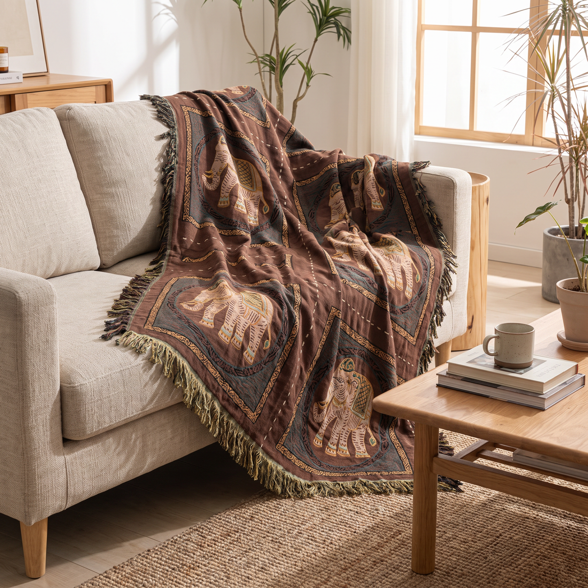 Ornamental Elephant Cotton Gauze Blanket with Tassels - lifestyle