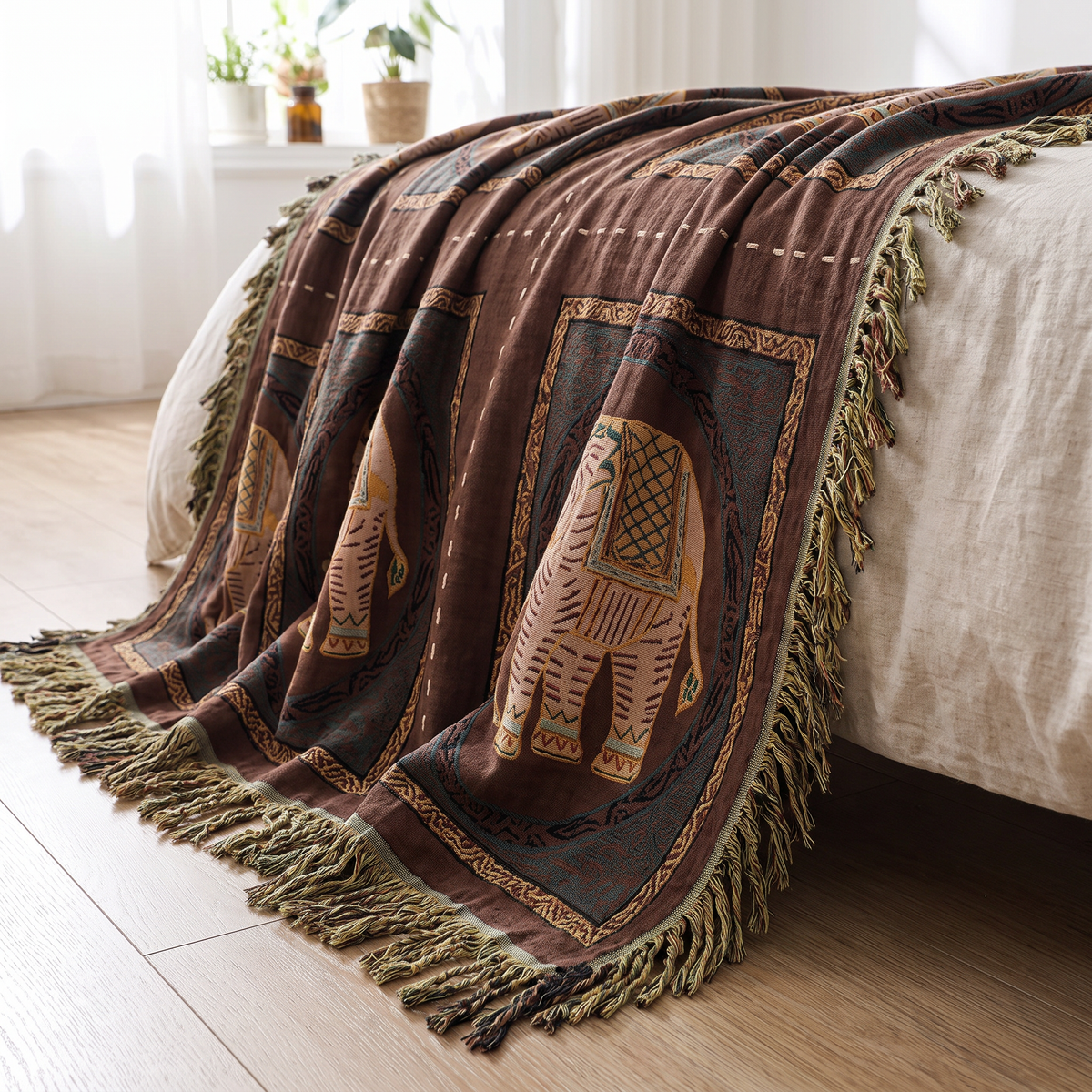 Ornamental Elephant Cotton Gauze Blanket with Tassels - lifestyle