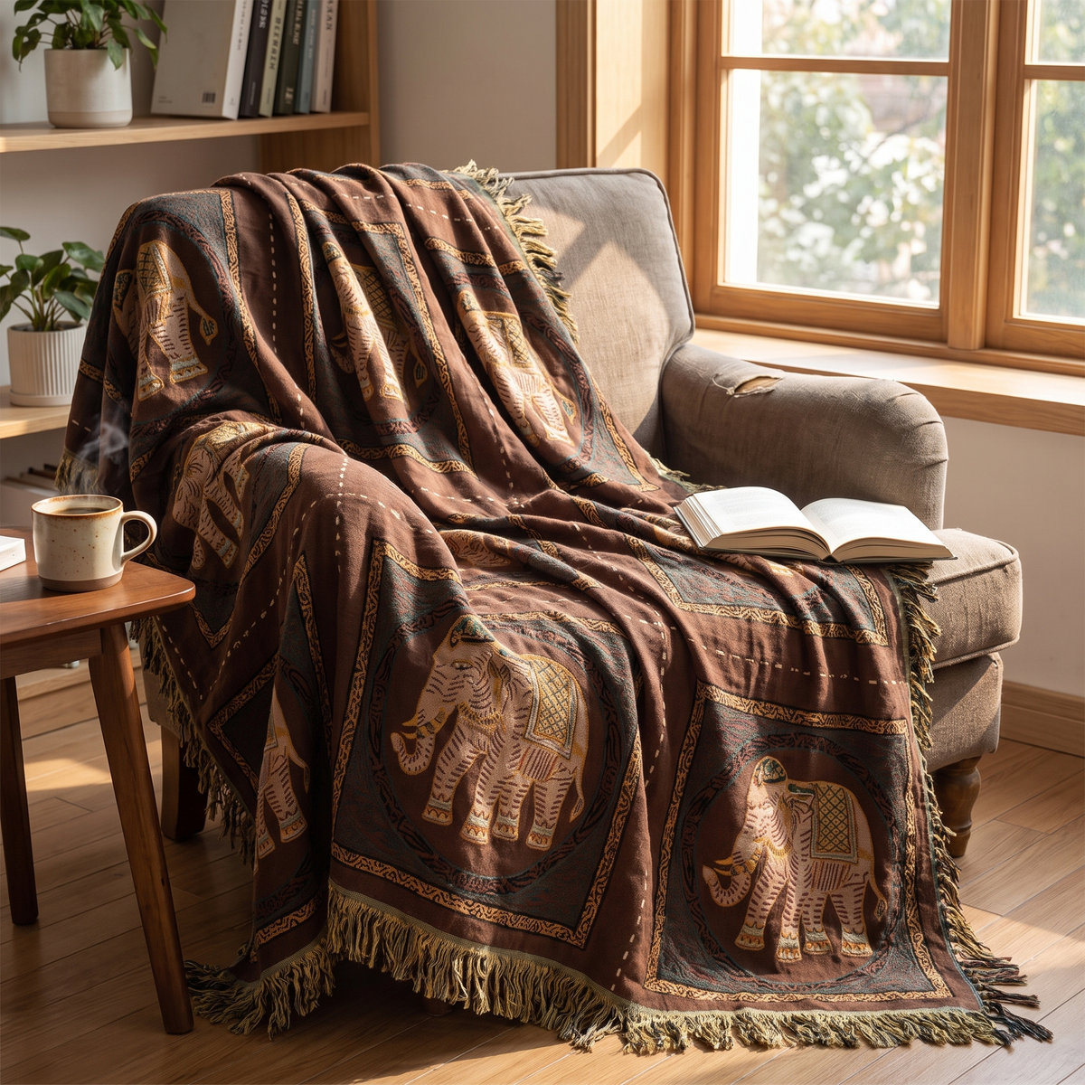 Ornamental Elephant Cotton Gauze Blanket with Tassels - lifestyle