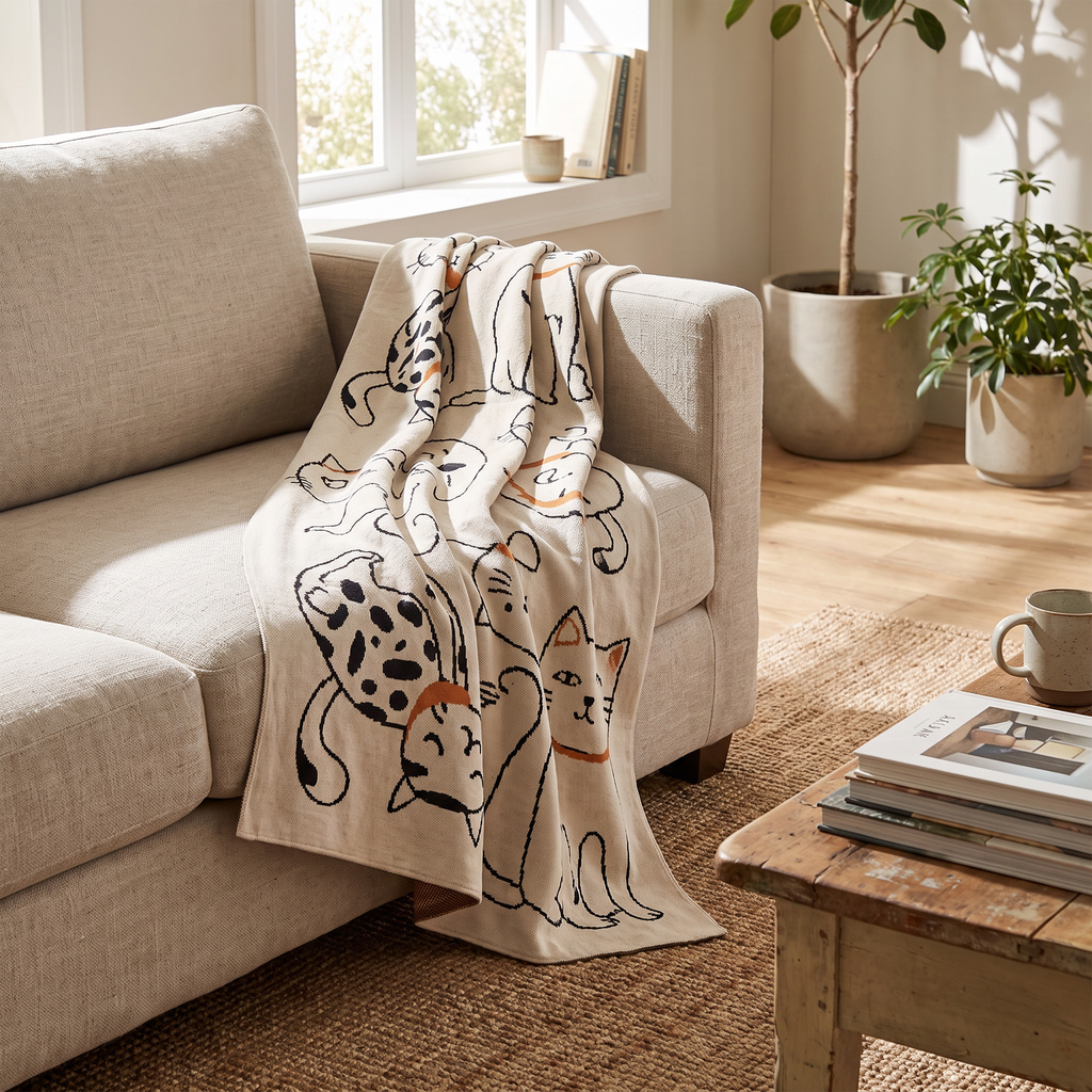 Line-Drawn Cat Jacquard Cotton Nap Blanket - lifestyle