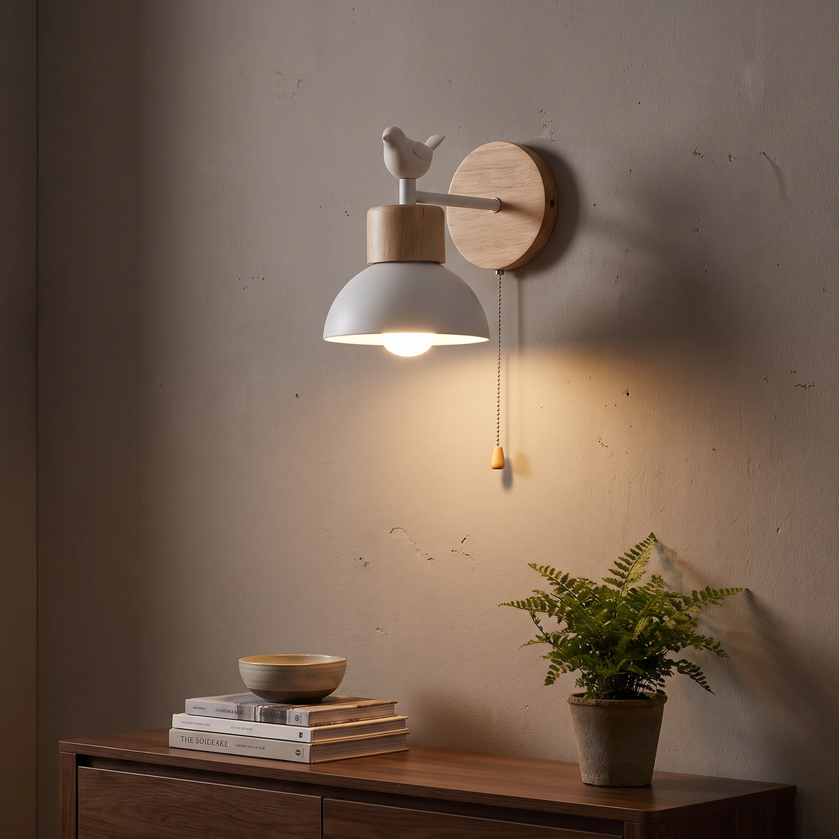 Wooden Bird Pull-Chain Dome Wall Sconce - lifestyle