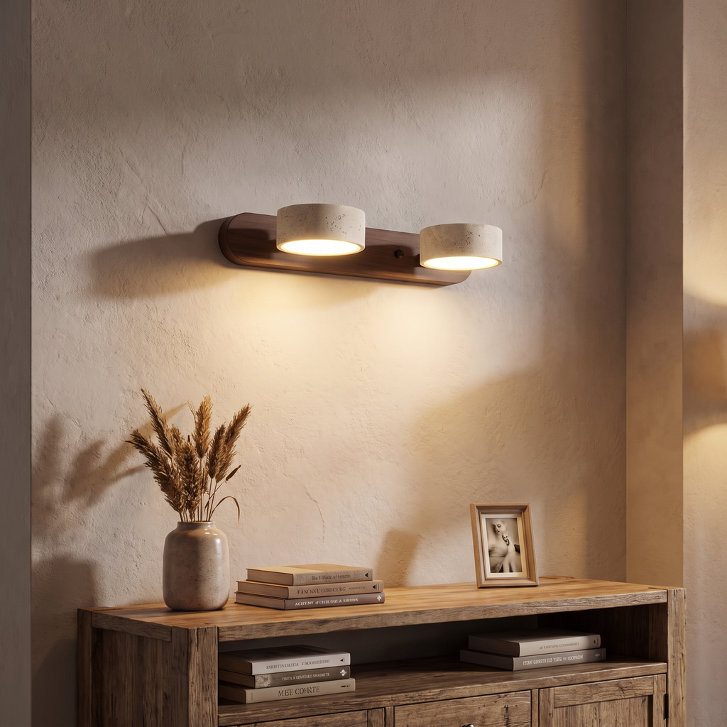 Travertine Head Wood Backplate Vanity Light - lifestyle